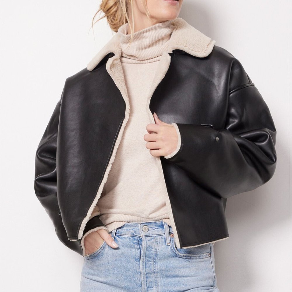 NWT GOOD AMERICAN AIR FORCE FAUX LEATHER SHEARLING JACKET